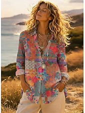 preiswerte Hemden-Damen Hemd Knopfleiste Bluse Kunstbaumwollleinen Knöpfe Druck Blumen Geometrisch Basic Lässig Langarm Hemdkragen Normale Oberteile Täglich Armeegrün Rote Khaki Grau Sommer Frühling Herbst