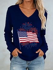  día de la independencia americana Mujer Camiseta Camiseta superior Estampado Graphic Bandera estadounidense Elegante Clásico Casual Manga Larga Escote en Pico Tops regulares Diario Noche Fin de semana