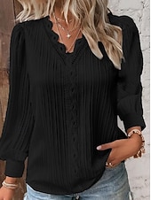 voordelige Kant Tops-Women's Lace Shirt Blouse Lace Patchwork Solid Color Stylish Casual Long Sleeve V Neck Regular Tops Daily Blue Black White Yellow Red Spring Fall