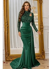 billiga Ballgowns för kvällsbruk-Sjöjungfru trumpet Svepsläp Telång Kvälls klänningar Balklänning med överkjol Formell klädsel Elegant Sidoslits Silkig Långärmad Hög hals Formell Satäng Paljetter med Pärldetaljer Paljett