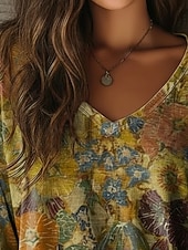 economico Maglietta Arte &amp; Design-Per donna Maglietta Stampato Floreale Grafico Vintage Classico Casual Manica Lunga Scollo a V Top Regolari Quotidiano Blu Viola Verde Primavera Autunno