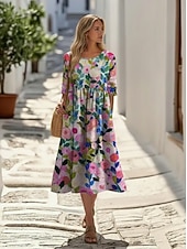 abordables Vestidos casuales con flores-Mujer Vestido Midi Vestido informal Vestido de flores Clásico Moderno Diario Exterior Festivos Ajuste regular Flor Manga Corta Cuello Barco Azul Piscina Amarillo Fucsia Albaricoque Otoño