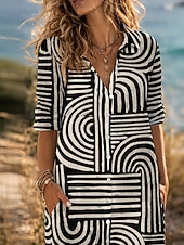  Per donna Mini Abito Finto cotone e lino Abito Camicia Vestito Casual Abito Stampato Moda Moderno Quotidiano All'aperto Weekend Vestibilità regolare Linea Manica 3/4 Colletto a Camicia Nero Estate