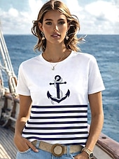 economico T-shirt a righe e geometrico-Per donna Maglietta Stampato Grafico Geometrico Oceano Vintage Moda Elegante Manica Corta Girocollo Top Regolari Quotidiano Blu Estate Primavera