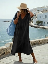 abordables Vestidos-Mujer Vestido Midi 100% Algodón Vestido de lino de algodón Moda Moderno Exterior Vacaciones Festivos Holgado Plano Manga Corta Escote en Pico Azul Piscina Negro Blanco Verde Claro Verano Primavera