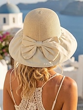 Недорогие Женские шляпы-Женская складная солнцезащитная шляпа в стиле бохо с чехлом для хранения, портативная пляжная шляпа из полиэстера с широкими полями, различных цветов, для повседневной носки, путешествий, отдыха и курортного отдыха.