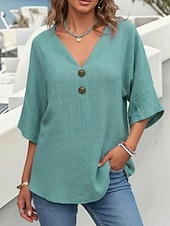 olcso Alapvető műszálas ingek-Női Pamut vászon ingek Blúz Műpamut ágynemű Gombok Aszimmetrikus szegély Sima Aktív Stílusos Háromnegyedes Harang V-alakú Normál felsők Napi Szabadság Alkalmi Medence Sárga Lóhere Világos szürke