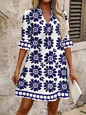 cheap Floral Dress-Women's Mini Dress Shift Dress Casual Dress Print Dress Fashion Modern Daily Vacation Going out Regular Fit Floral Long Sleeve V Neck Blue Black Red Fuchsia Spring Fall