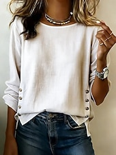 voordelige Overhemden-Dames Overhemden met linnenlook Linnen overhemd Blouse Lapwerk Knop Effen Elegant Vakantie Stijlvol Lange mouw Strakke ronde hals Normale tops Dagelijks Feestdagen Uitgaan blauw Zwart Wit Geel