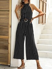 abordables mono de vacaciones-Mujer Normal Mono Activo A Lunares Sin Mangas Perneras anchas Cuello halter Bolsillo Estampado Diario Vacaciones Holgado Negro Vino Azul Marino Verano