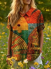  женская блузка пуговицы принт графический геометрический богемный отпуск винтаж короткий рукав текстурированная ткань рубашка воротник обычный топы повседневный отдых выход в свет красный лето весна