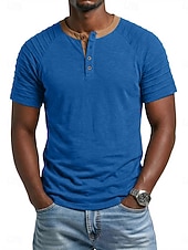 お買い得  カジュアルヘンリーTシャツ-男性用 ヘンリーシャツ Tシャツ 半袖 パッチワーク ファッション デザイナー カジュアル フリル ボタン ヘンリー カジュアル 日常 アウトドア 夏 春 オールシーズン ロイヤルブルー ヘンリーTシャツ