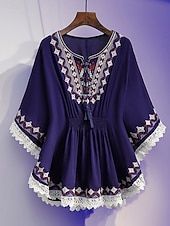 abordables Tops bohèmes-Femmes Chemisier Dentelle Broderie Couleur Unie Bohème Vacances Occasionnel Manche 3/4 Col ras du cou Hauts Réguliers Quotidien Bleu Blanche Été Printemps Automne