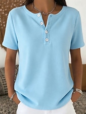 cheap Plain tee-Women's Blouse Chest Buttons Solid Color Stylish Basic Classic Short Sleeve Crew Neck Regular Tops Daily Blue Black White Red Navy Blue Summer Spring
