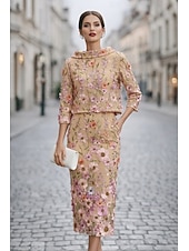 economico Set di abiti per la mamma-Due Pezzi Tubino Colonna Abito Lunghezza Tè Vestito da Festa Abito da Cocktail Abito da invitata a nozze Abito da cerimonia per signora Manica Lunga Scollo a Barca Elegante Vintage Formale Ospite di