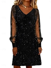 preiswerte abendkleider-Damen Knielanges Kleid Partykleid Cocktailkleid Elegant Mode Modern Abendgesellschaft Party Cocktailparty Normale Passform Stern Langarm V Ausschnitt Schwarz Wein Königsblau Sommer Frühling