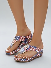  dame rødblå USA 250-årsjubileumsflaggtrykk kileformede flip-flop-sandaler, patriotiske komfortable sommerslippers til uavhengighetsdagen og høytidsfester &fritidsklær
