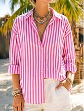 voordelige Overhemden-Dames Overhemd Overhemden met linnenlook Button-down overhemd Blouse Gestreept Stijlvol Klassiek Modern Lange mouw Revers Normale tops Dagelijks Feestdagen Uitgaan blauw Geel Blozend Roze Rood