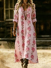  Femmes Robe Maxi Robe bohème Robe Vintage Robe Décontractée ancien Quotidien Extérieur Vacances Coupe Ample Fleuri manche longue Col en V Rose Claire Printemps Automne