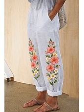 abordables Pantalons Graphiques-Femmes Slacks Pantalon décontracté Droit Vacances Basique Occasionnel Longueur complète Longueur cheville Naturel Fleuri Graphique Avec Poches Impression Conception à cordon élastique Confortable