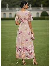 رخيصةأون طول الكاحل-A-الخط فساتين طول الكعب فستان كوكتيل فستان زفاف ضيف فستان أم العروس كم قصير رقبة عالية مدورة أنيق كاجوال رسمي ضيف حفل زفاف كنتاكي ديربي شيفون تول مع طباعة الأزهار تطريز زينة