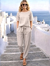 preiswerte Wesentliche Faux Co-ord Sets-Damen Hosen-Sets Bolero Kunstbaumwollleinen Kurzarm Rundhals Einfarbig Mode Streetwear Lässig Täglich Outdoor Blau Orange Grün Sommer Lässiger Schnitt