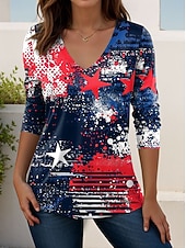 Χαμηλού Κόστους Ημέρα Ανεξαρτησίας Κορυφή-Ημέρα Αμερικανικής Ανεξαρτησίας Γυναικεία Μπλουζάκι Στάμπα Γραφική Αμερικάνικη σημαία Βίντατζ Στυλάτο Κλασσικό Μακρυμάνικο Λαιμόκοψη V Κανονικά μπλουζάκια Καθημερινά Σαββατοκύριακο