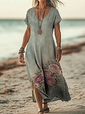  Dame Maxikjole Boho-kjole Uformell kjole Kjole med A-linje Print kjole Årgang utendørs Strand Feriereise Normal Blomstret Grafisk Kortermet V-hals Lys Rosa Gul Mørkegrønn Lilla Sommer Vår