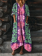 cheap Ethnic Boho Dress-Women's Maxi Dress Boho Dress Casual Dress Print Dress Vintage Outdoor Vacation Weekend Loose Fit Floral Graphic Long Sleeve V Neck Blue Purple Summer Spring Fall