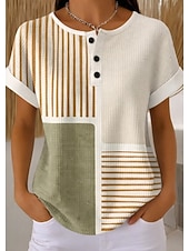  Hauts tricotés texturés Waffle pour femmes t-shirt à bloc de couleur graphique ombre géométrie stylé classique à manches courtes col rond hauts réguliers quotidiens sportifs vert clair khaki