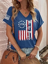  American Independence Day Women's T Shirt Print Graphic Flag Vintage Stylish Classic Short Sleeve V Neck Long Tops Daily Weekend Vacation Wear Blue Black Summer Spring