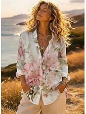 preiswerte Hemden-Damen Hemd Knopfleiste Bluse Kunstbaumwollleinen Knöpfe Druck Blumen Geometrisch Basic Lässig Langarm Hemdkragen Normale Oberteile Täglich Armeegrün Rote Khaki Grau Sommer Frühling Herbst