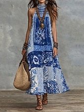cheap Floral Dress-Women's Maxi Dress Casual Dress Chiffon Dress Swing Dress Boho Chic Dresses Bohemia Vacation Tropical Beach Holiday Date Regular Fit Floral Sleeveless Halter Neck Blue Navy Blue Fuchsia Summer Spring