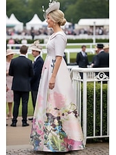 economico Lunghezza del pavimento-Linea ad A Lunghezza al pavimento Abito da invitata a nozze Abito Formale Abito Derby Abito da cerimonia per signora Mezza Manica Colletto a Camicia Elegante Derby del Kentucky Raso con Stampa