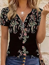 cheap Floral tee-Women's T Shirt Zipper Quarter Zip Graphic Geometric Color Block Tropical Hawaiian Stylish Short Sleeve Crew Neck V Neck Regular Tops Daily Sports Going out Black White Summer Spring