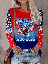  día de la independencia americana Mujer Camiseta Estampado Graphic Bandera Bandera estadounidense Elegante Casual Manga Larga Cuello Barco Tops regulares Diario Azul Piscina Verano Primavera