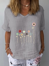 preiswerte Hemden-Damen Baumwoll Mischung T Shirt Druck Grafik Pflanzen Mode Stilvoll Klassisch Kurzarm V Ausschnitt Normale Oberteile Täglich Ausgehen Wochenende Weiß Gelb Tintenblau Grau Leicht Blau Sommer Frühling