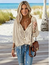 olcso Csipkés felsők-női bohém csipke blúz, v nyakú, hosszú ujjú, lezser, patchwork, egyszínű, fehér ing, tavaszi/nyári viseletre