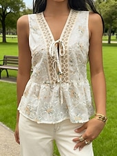 cheap Lace Tops-Women's Shirt Blouse Lace Tops Sleeveless Shirt Lace Floral Stylish Classic Modern Sleeveless V Neck Regular Tops Daily Holiday Going out White Summer Spring