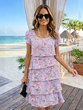 Χαμηλού Κόστους Floral φορέματα-Γυναικεία Φόρεμα μέχρι το γόνατο Φόρεμα ριχτό Καλοκαιρινό φόρεμα Διακοπές Μπόχο Στυλ Παραλίας Ημερομηνία Κανονικό Φλοράλ Γραφική Κοντομάνικο Στρογγυλή Ψηλή Λαιμόκοψη