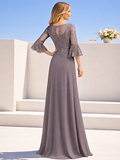 abordables Largo del piso-Corte A Hasta el Suelo Vestido Invitada Boda Vestido formal Vestido de noche Vestido de Madrina Manga Larga Cuello Barco Elegante Formal Invitado a la boda Noche formal Gasa con Un Color