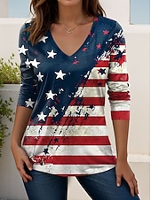  día de la independencia americana Mujer Camiseta Estampado Graphic Bandera estadounidense Vintage Elegante Clásico Manga Larga Escote en Pico Tops regulares Diario Fin de semana Negro Blanco Rojo
