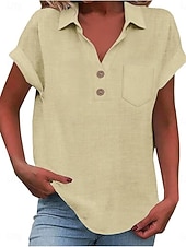 cheap Shirts-Women's Shirt Blouse Cotton Shirt Buttons Solid Color Vintage Classic Modern Short Sleeve Shirt Collar Regular Tops Daily Holiday Going out White Yellow Navy Blue Sky Blue Light Blue Summer Spring