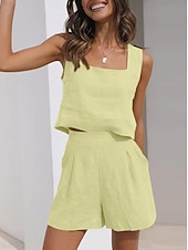 economico Abiti da donna con camicetta-Per donna Set di Pantaloncini Senza Maniche Collo quadrato Tinta unica Moda Streetwear Casuale Quotidiano All'aperto Blu Nero Giallo Estate Vestibilità regolare