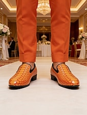 economico Mocassini-Mocassini eleganti da uomo in pelle stampata coccodrillo arancione, tomaia in pelle dai colori vivaci, stile di lusso alla moda, ideali per trendsetter, eventi serali e matrimoni