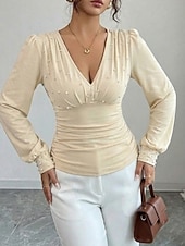 billiga Kostymblusar-Dam Skjorta Blus Långärmade toppar Rynkad Slät Mode Stylish Klassisk Långärmad V-hals Vanliga toppar Dagligen Helgdag Utekväll Svart Vin Aprikos Sommar Vår