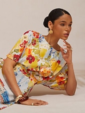 お買い得  花柄ドレス-サントリーニ サマー シフォン ゴムウエスト マキシドレス