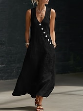 abordables Robes décontractées-Robe longue en coton et lin pour femme, robe d'été, robe trapèze, robe cintrée et évasée, robe de vacances décontractée, style bohème, robe de plage décontractée, robe de soirée ample, robe unie sans