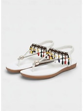 abordables Sandalias Planas-Sandalias bohemias con cuentas y flecos en el tobillo para mujer: zapatos de playa planos y cómodos para vacaciones, resorts, festivales y viajes informales.
