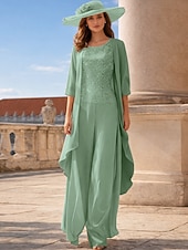 voordelige Broekpakken van mama-Broek 3-delig pak Tot de grond Moeder van de bruid jurk Mouwloos Ronde hals Elegant Grote maten Formeel Bruiloft gast Chiffon Kant met Appliqués